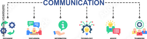Communication Banner Web Icon Vector Illustration Concept With Icon Of Exchange, Discussion, Information, Technology, Advice, Teamwork. Flat Style