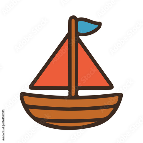 A small, isolated wooden boat or toy model of a sailboat with a bow on the sea, a nautical vector icon illustrating sailing travel