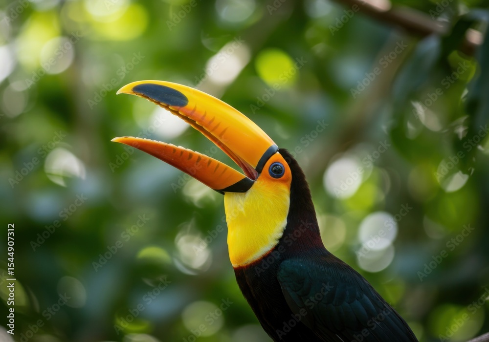 Obraz premium Vibrant toucan perched amidst lush green foliage, showcasing its colorful beak