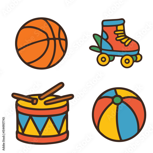 Cute cartoon baby vector illustration set with different toys