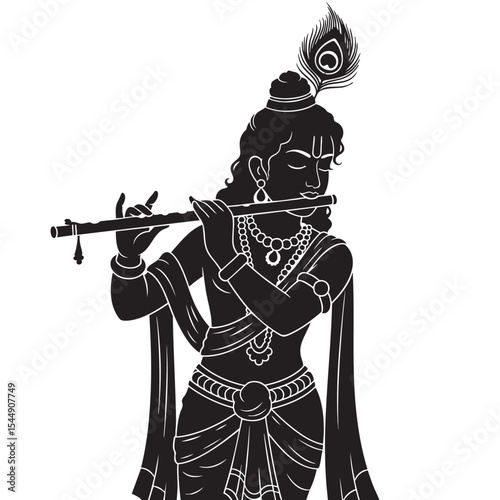 Beautiful Silhouette Depiction of Lord Krishna Playing the Flute Gracefully on White