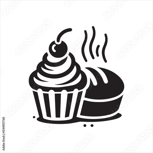 Simple black and white illustration of a cupcake and a muffin, suggesting a bakery or dessert shop.