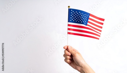 Hand Holding the American Flag Against a Bright White Background. AI Generated