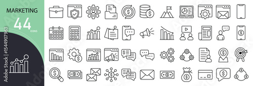 Marketing related icon collections. Containing campaign, target, strategy, promotion, branding, analytics, SEO, content, social, and advertisement icons. Outline icons.