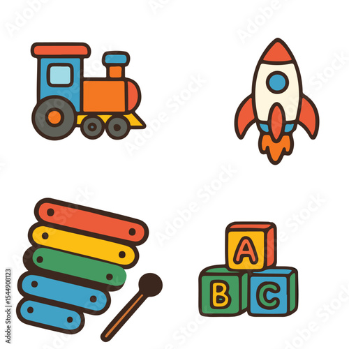 Cute cartoon baby vector illustration set with different toys