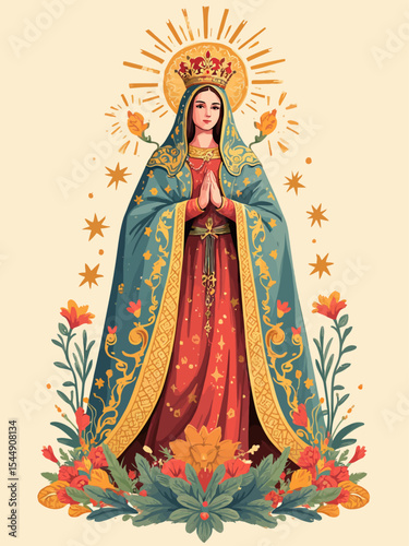 Our Lady of Aparecida, a revered figure, depicted with a crown, elaborate cloak, and rosary, with stars and a cherub