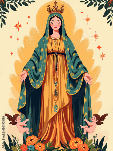  Our Lady of Aparecida, a revered figure, depicted with a crown, elaborate cloak, and rosary, with stars and a cherub
