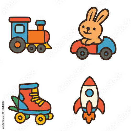 A set of funny cartoon toy vehicles including cars, trucks, tractors, and construction machines like bulldozers and excavators, isolated on white
