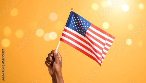 Hand Holding the American Flag Against a Bright Sunset Background. US Independence Day. AI Generative