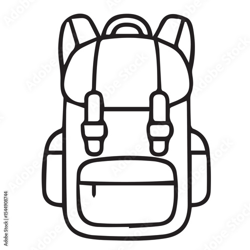 Vector of a minimalist carrier backpack, illustrated in black and white with bold black outlines highlighting its straps, pockets, and structured shape.