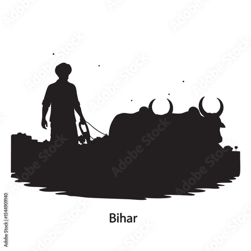 Silhouette of a Farmer Plowing a Field with Oxen in Bihar, India