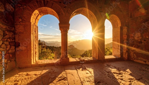 Sunrise View Through Stone Arches