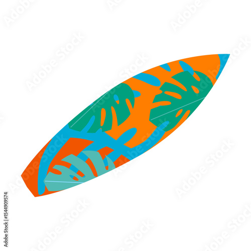 Surfboard with vibrant tropical leaf patterns — Summer concept vector illustration.