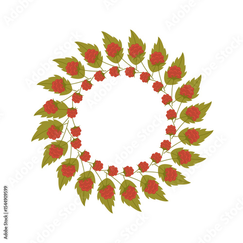 Raspberries wreath Autumn circle frame. Round border made of fall pumpking in green and orange. Vector flat isolated on white background