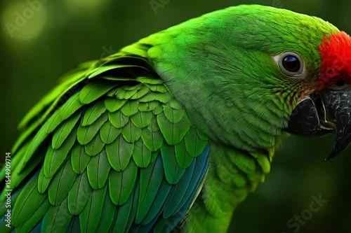 Vibrant green and yellow macaw perched on a tropical branch, showcasing detailed feathers and bright colors against a soft natural background. photo