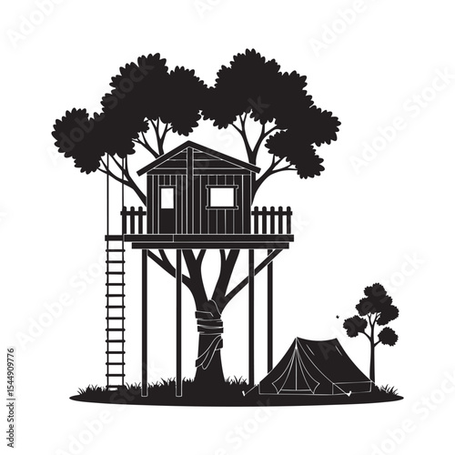 Black and White Silhouette Illustration of a Treehouse and Camping Scene