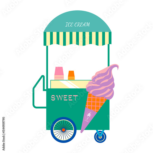 Charming ice cream cart with striped canopy, ready for sale — Summer concept vector illustration.