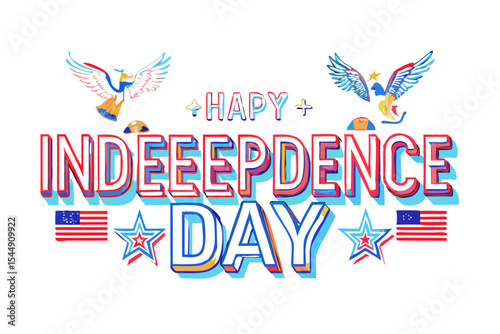 Happy independence day text design with patriotic eagles and stars