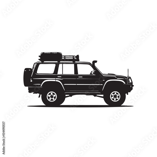 Stylized Black and White Illustration of a Classic Four Wheel Drive Vehicle
