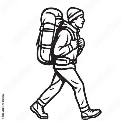 Vector of a male mountain hiker carrying a large backpack, illustrated in black and white with bold black outlines only.