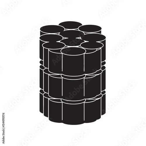 Abstract monochrome illustration featuring stacked cylindrical shapes with highlighted contour lines