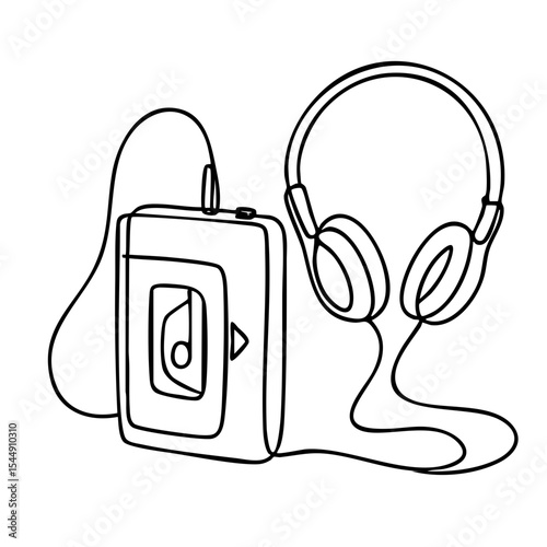 Vector line art of a portable cassette player with headphones, drawn in a nostalgic continuous line style