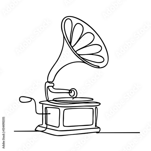 Vector line art of a vintage gramophone with large horn speaker, drawn in a continuous line style