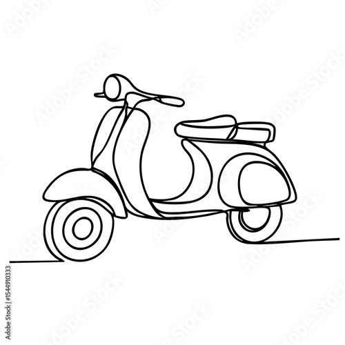 Vector line art of a vintage scooter, side view, drawn in a continuous line minimal style
