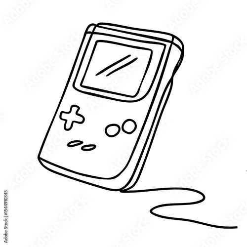 Vector line art of a classic handheld gaming device, drawn in continuous line with nostalgic feel