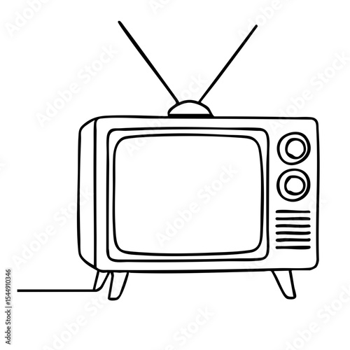 Vintage television vector line art illustration with antenna and control knobs, retro TV sketch for nostalgic design