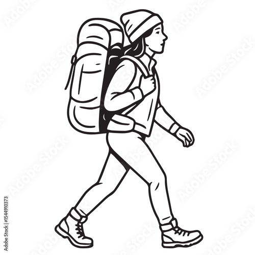 Black and white vector of a woman hiking uphill with a carrier bag, defined by bold black outlines and minimal detail lines.

