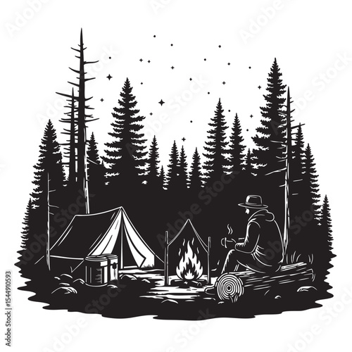 A Monochrome Vector Image Depicting a Person Camping in a Forest Setting