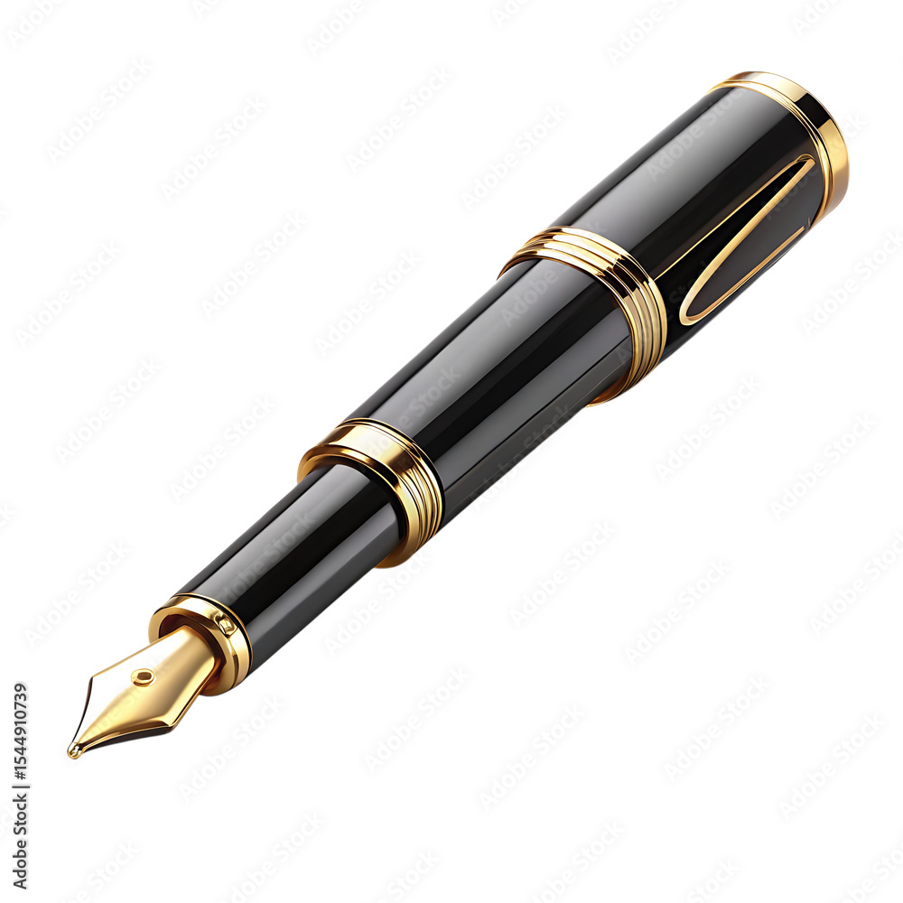 Elegant black and gold fountain pen on transparent background Elegant black and gold fountain pen on transparent background