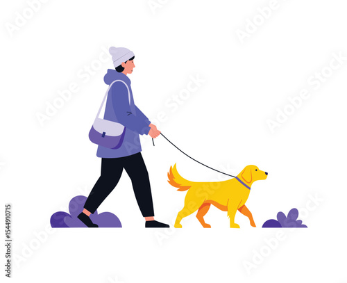 Woman walking with dog in park vector illustration.