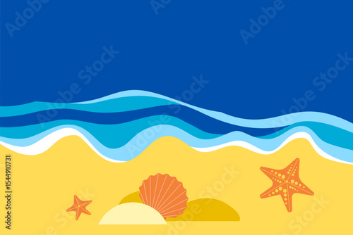 Ocean and beach with seashells and starfish — Summer concept vector illustration.