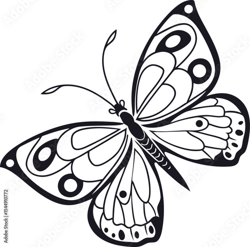 Here's a concise sentence to describe the image:

Black and white butterfly vector illustration, a beautiful insect design with decorative wings perfect for a tattoo