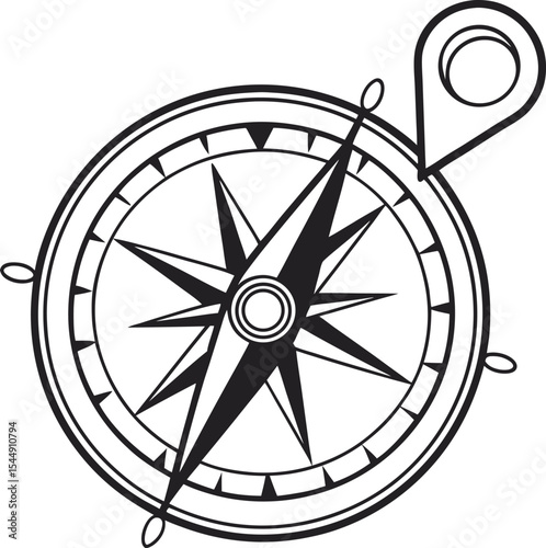 Vector icon of a vintage compass rose on a white or black background, symbolizing north direction, travel, and adventure