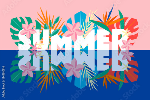 Brightly colored tropical plants decorating the word 'Summer' with its reflection — Summer concept vector illustration.