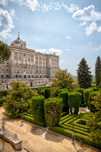 Madrid, Spain - May 30, 2025: Exterior of the Royal Palace of Madrid in the Centro district of Madrid in Spain
