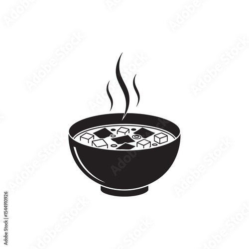 Black and white illustration of a steaming bowl of Japanese miso soup