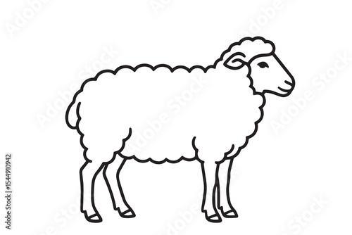 Vector of a fluffy sheep standing still, illustrated in black and white with thick black outlines highlighting its wool, ears, and gentle face.

