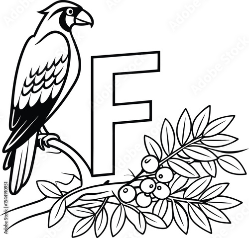 Vector illustration of a tropical parrot on a floral branch with leaves and a flower, ideal for nature-inspired designs and tattoos