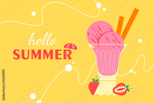 Pink strawberry ice cream with abstract wave lines — Summer concept vector illustration.