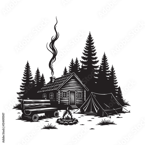 Enchanting log cabin retreat with campfire and camping tent in the forest