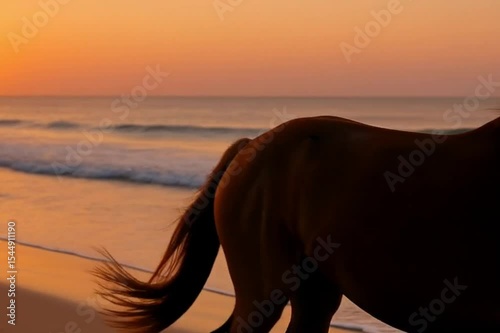 Majestic horse galloping freely along a sunlit shoreline, ocean waves splashing under hooves, captured in golden hour light with a dramatic coastal backdrop