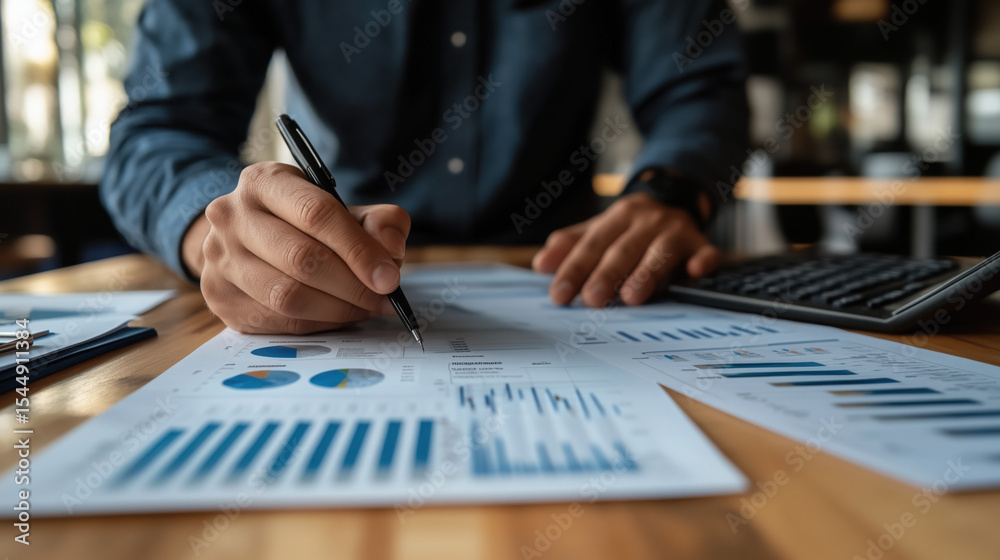 Fototapeta premium a man working on financial planning with charts and documents