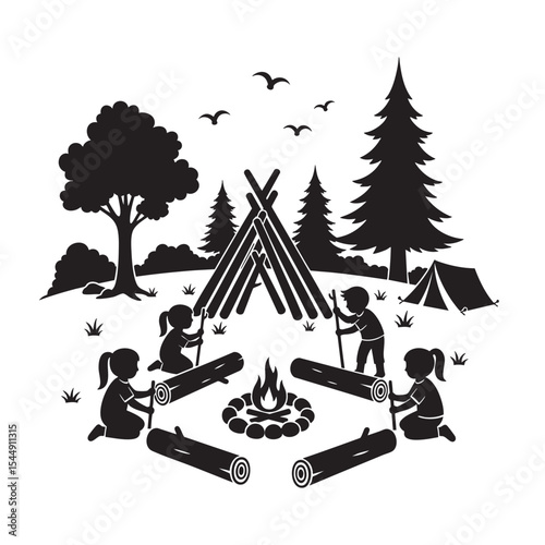 A children's camping adventure in the woods near a blazing bonfire