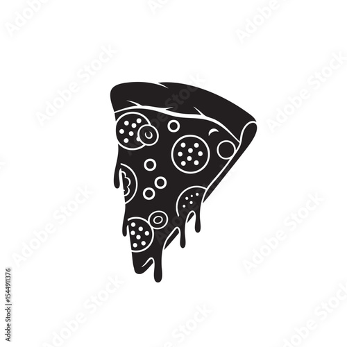 Monochrome Illustration of a Dripping Pepperoni Pizza Slice with Round Toppings