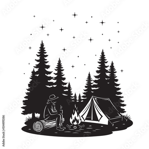 Serene camping night under the stars with campfire and forest trees