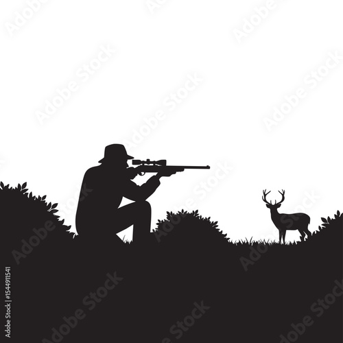 Silhouette of hunter aiming rifle at deer surrounded by vegetation in field